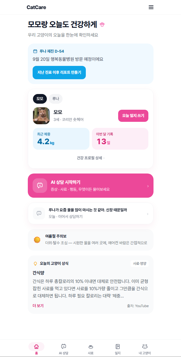 CatCare 홈 화면 — 고양이별 체중·기록 요약과 AI 상담 시작