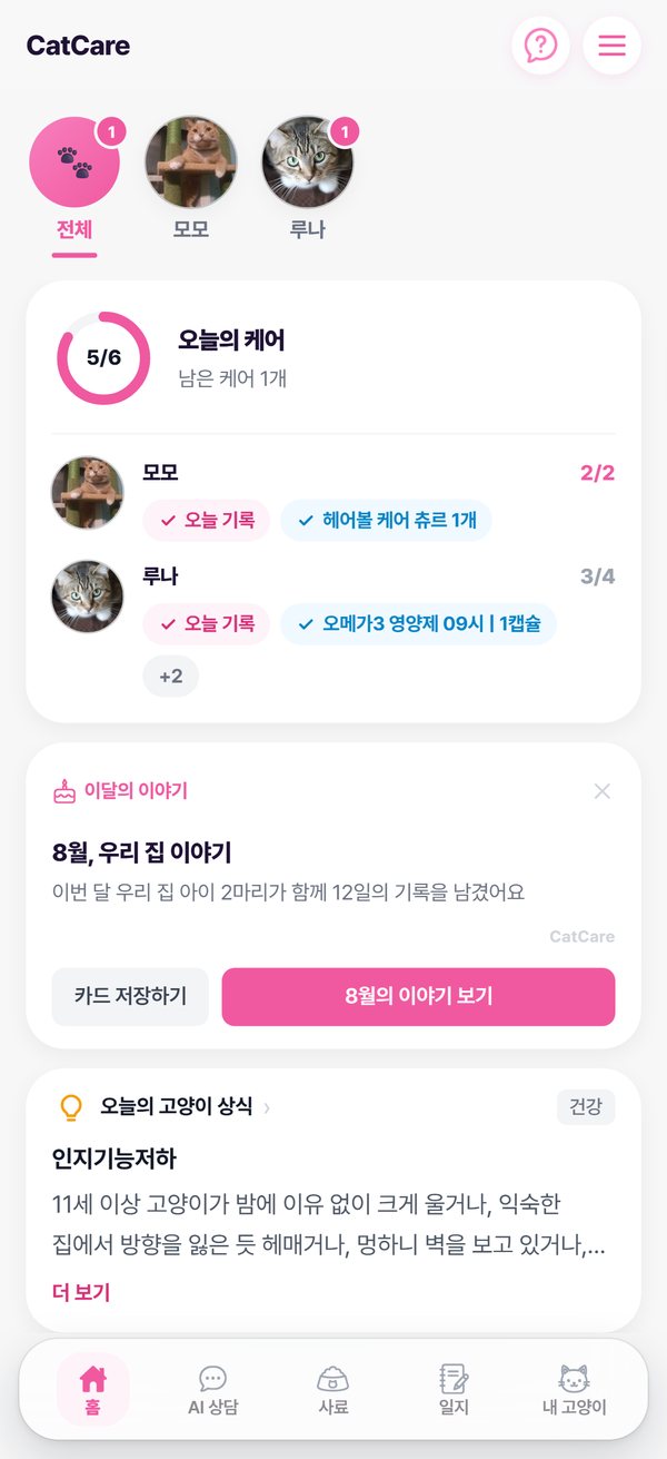 CatCare 홈 화면 — 오늘 일정·복약 체크와 고양이별 요약
